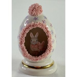 Irish Dresden Porcelain Easter Egg Bunny Figurine Pink Lace‎ Floral Gold Rim New